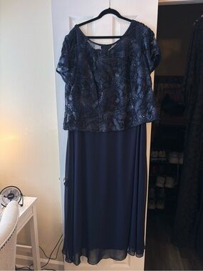 Alex Evenings Navy Blue Maxi Dress with Embellished Overlay